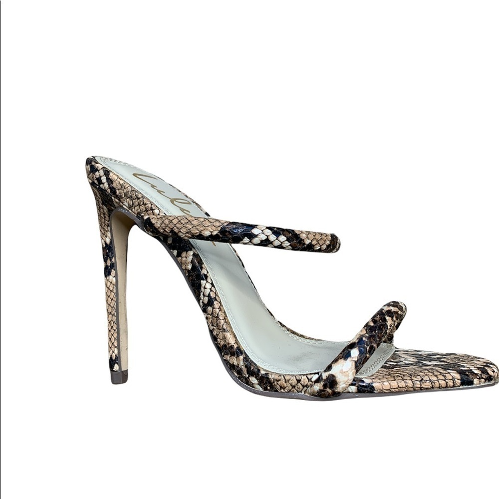 Lulu's Snake Print Double Strap Stiletto Heels in Neutral Brown & Black